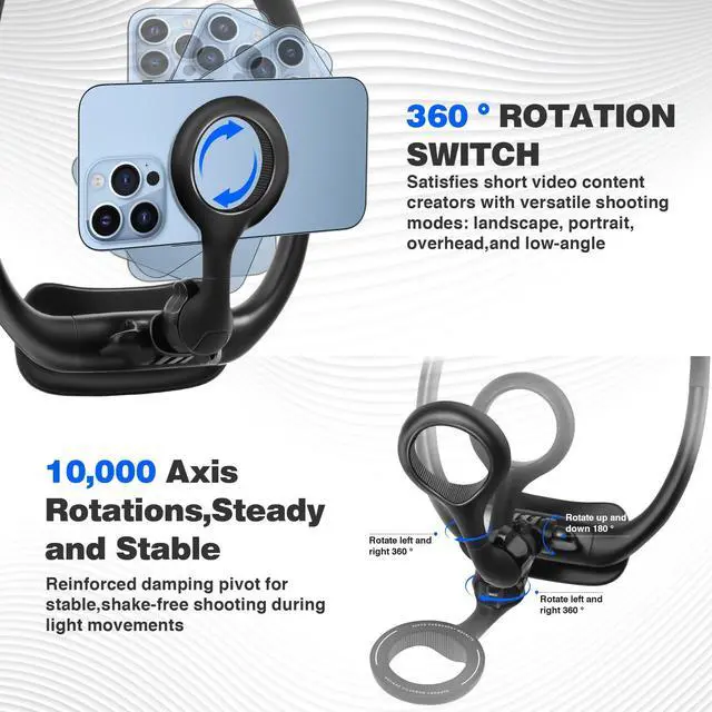 Alt view image 12 of 14 - Magnetic Neck Phone Holder for Recording, Neck Tripod for iPhone, 360°& 180° Rotation POV/Vlog Selfie Hands-Free Video Recording Suitable for iPhone 12-15 Series and All Android Phones