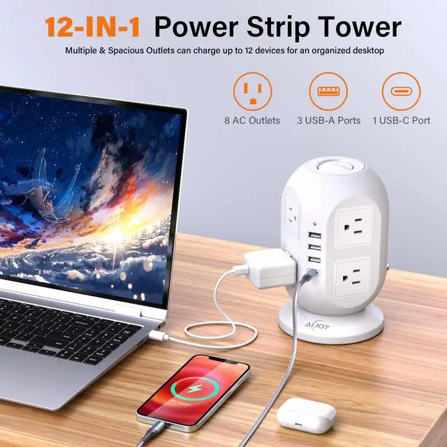 Alt view image 9 of 14 - Surge Protector Power Strip Tower with 8 Outlets 4 USB Ports(1 USB-C), 10 FT Flat Extension Cord with Multiple Outlets, Charging Tower with Surge Protection for Home Office Dorm Room Essentials
