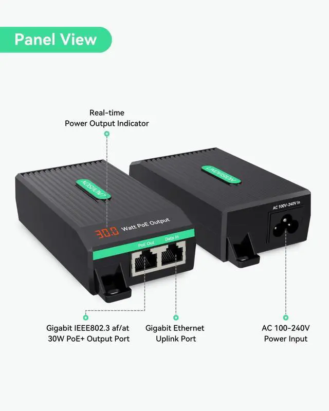 Alt view image 9 of 14 - Gigabit 30W PoE+ Injector with LED Screen to Indicate Power Output, AC100-240V Input, IEEE802.3af/at 30W Power and Data Output for IP Camera, Wireless AP, VoIP Phone, 3-Year Warranty