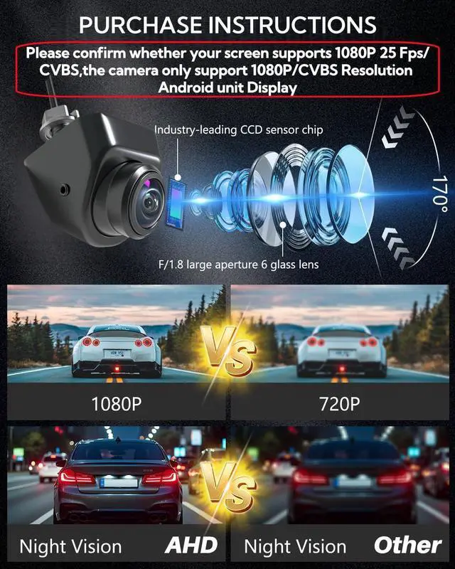 Alt view image 9 of 14 - 1080P AHD Backup Camera for Cars 3 DIY Switchesw 360°+45° Rotatable 170° Wide Angle Rear Camera Clear Night Vision Front/Side/Rear View Camera IP68K Waterproof Reverse Camera Fisheye Lens (6m cable)