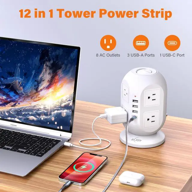 Alt view image 8 of 12 - Tower Surge Protector Power Strip 10 ft with 8 Outlets 4 USB Ports(1 USB C), Flat Plug Extension Cord with Multiple Outlets Charging Station for Home Office Dorm, White