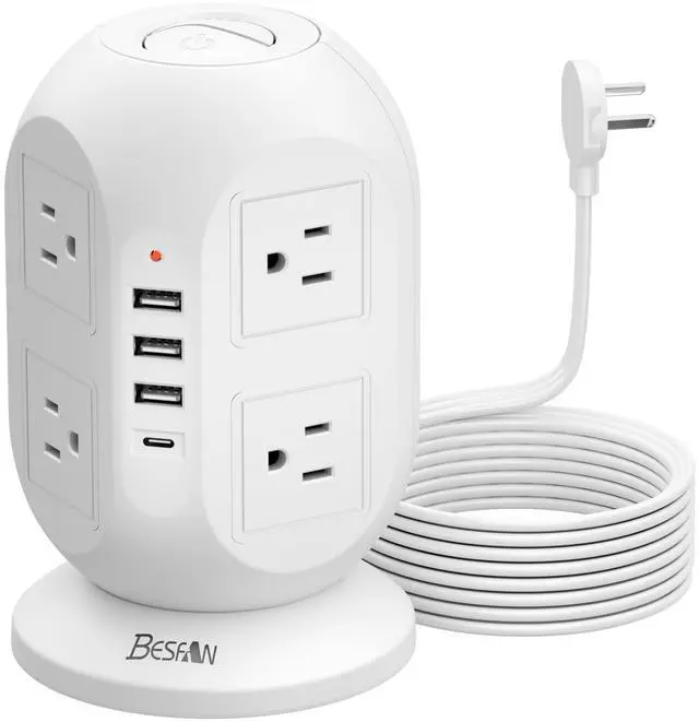 Alt view image 7 of 12 - Tower Surge Protector Power Strip 10 ft with 8 Outlets 4 USB Ports(1 USB C), Flat Plug Extension Cord with Multiple Outlets Charging Station for Home Office Dorm, White