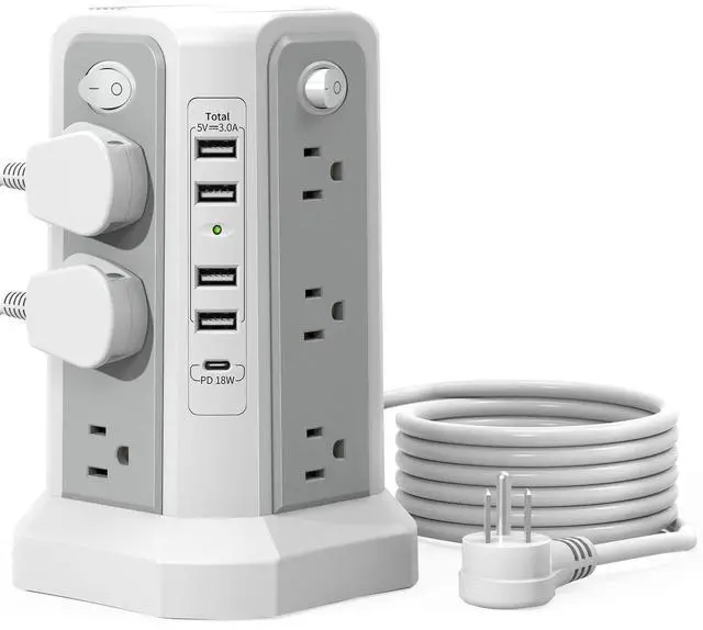 Alt view image 8 of 14 - Surge Protector Power Strip Tower with PD18W USB C Port,10FT Extension Cord with 12 AC Mutiple Outlets 5 USB Charging Ports, Power Tower Surge Protection for Home Office Dorm Room