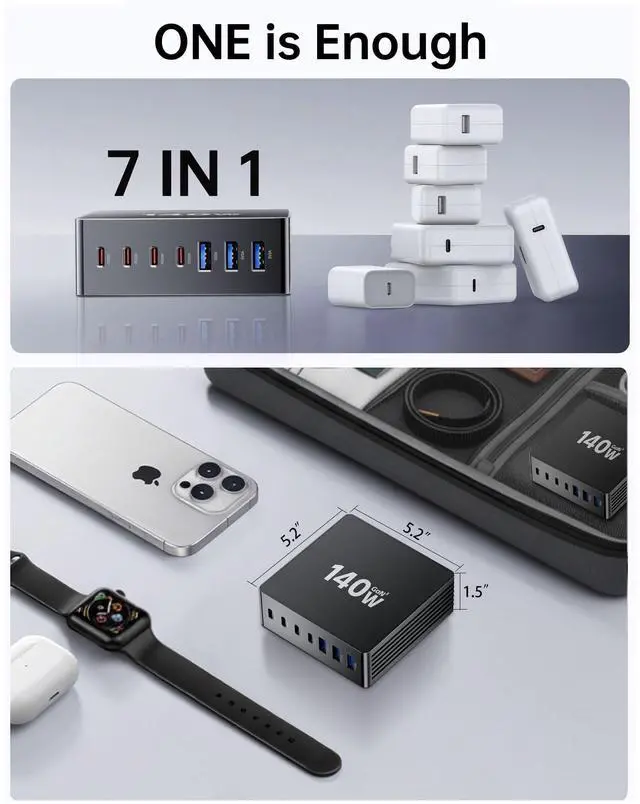 Alt view image 14 of 14 - USB C Charging Station, 140W GaN III 7 Port Fast Charger Station, PD 3.0 USB Charging Station for Multiple Devices, USB Charging Hub, Multiple USB C Charger Station for iPad iPhone Samsung Android