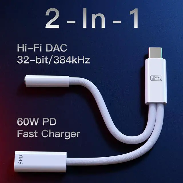 Alt view image 12 of 14 - 32-bit/384kHz Hi-Fi DAC & PD 60W Charger USB-C to 3.5mm Headphone Jack Audio Adapter, Aux Audio Dongle Cable with Type C Fast Charging,48kHz Mic Input Supported, 2-in-1 Hi-Res Headphone Splitter