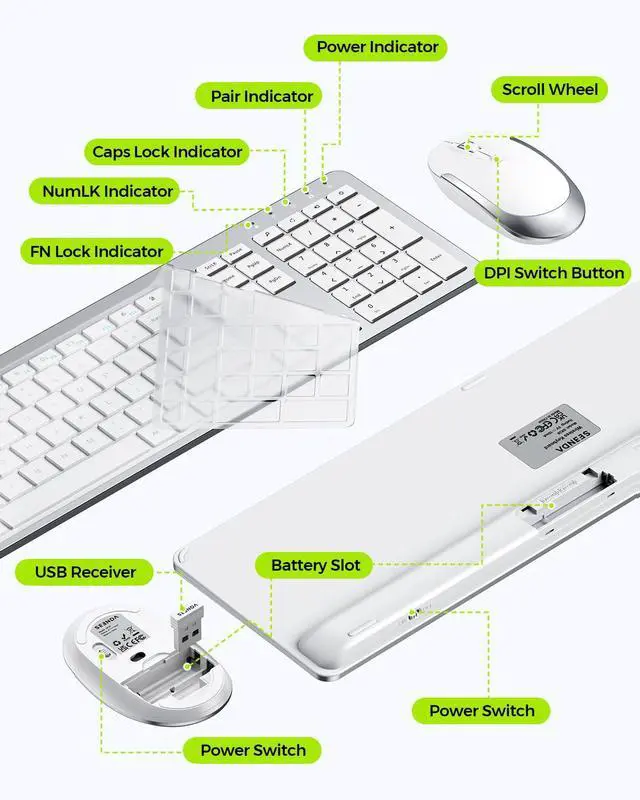 Alt view image 13 of 14 - Wireless Keyboard and Mouse Combo - Full Size Slim Thin Wireless Keyboard Mouse with Numeric Keypad 2.4G Stable Connection Adjustable DPI (White & Silver)