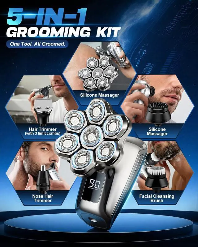 Alt view image 13 of 14 - Head Shaver for Bald Men, 7D Floating Head Electric Razor, IPX7 Waterproof Wet & Dry Bald Head Shaver with Magnetic Detachable Blade, Type-C Fast Charging LED Display, Grooming Gift for Men