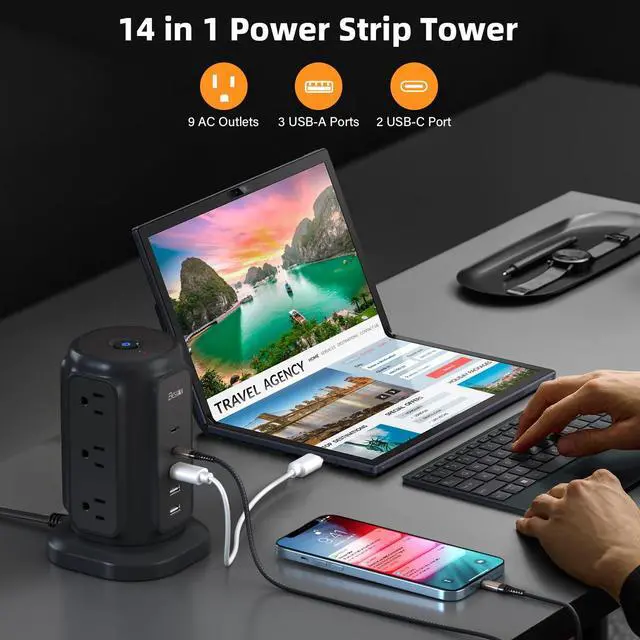 Alt view image 9 of 12 - Power Strip Tower with Flat Plug - 14 in 1 Surge Protector Tower (1200J), 9 AC Outlets & 5 USB Ports (2 USB C), 6.5ft Extension Cord, Desktop Charging Station for Home Office, Dorm Essentials, Black