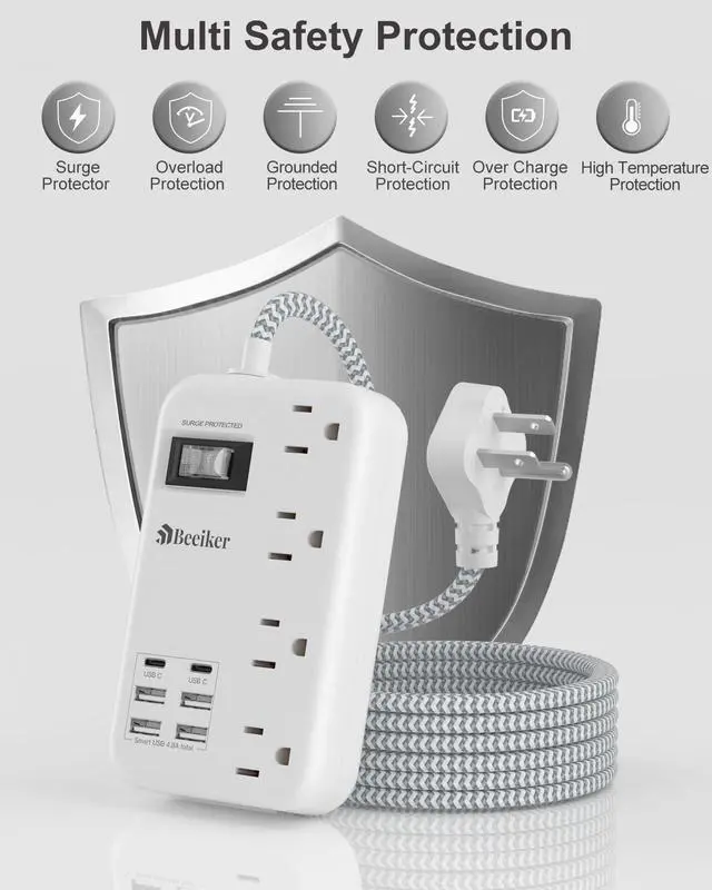 Alt view image 14 of 14 - 6 USB(2 USB C) Surge Protector Power Strip- 5Ft Travel Power Strip with 4.8A USB Charging Station and 4 Extendable Outlet, 13A Flat Plug Braided Extension Cord with Wall Mount for Travel Office Dorm