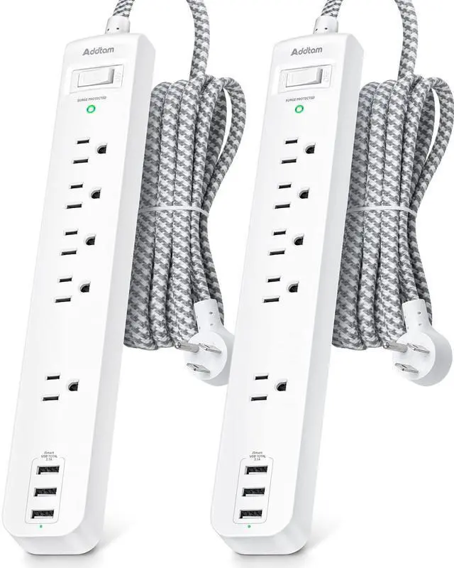 Alt view image 8 of 14 - 2 Pack Power Strip Surge Protector - 5 Widely Spaced Outlets 3 USB Charging Ports, 1875W/15A with 5Ft Braided Extension Cord, Flat Plug, Overload Surge Protection, Wall Mount for Home Office,White