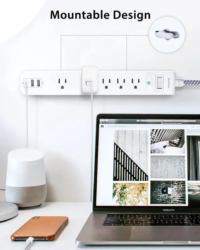 Alt view image 13 of 14 - 2 Pack Power Strip Surge Protector - 5 Widely Spaced Outlets 3 USB Charging Ports, 1875W/15A with 5Ft Braided Extension Cord, Flat Plug, Overload Surge Protection, Wall Mount for Home Office,White