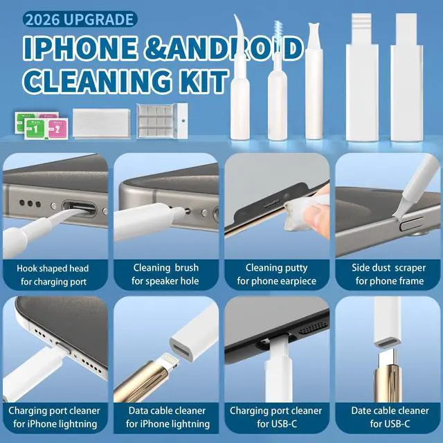 Alt view image 9 of 14 - 2026 Upgrade Phone Cleaning Kit 47PCS, iPhone Cleaning Kit, Airbud AirPods Cleaning Kit, Keyboard, Charging Port Cleaner for Apple Lightning/Android USB-C - Includes Putty, Cloth & Wipes (White)