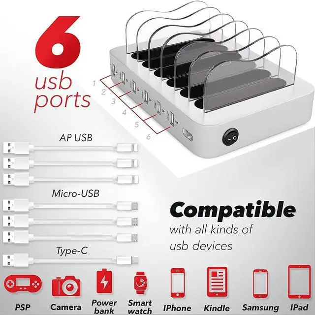 Alt view image 9 of 14 - USB Charging Dock - 6-Port Universal Charging Station for Multiple Devices - Multi Device Charger Station - Compatible with Apple, iPad, iPhone, and Android Cell Phones and Tablets