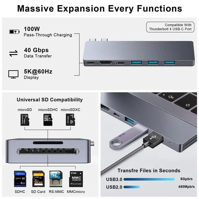 Alt view image 10 of 14 - USB C Hub,8 in 2 USB Adapter for MacBook Pro AirThunderbolt 4 Dock 100W PD, 40Gbps, 4K HDMI, USB C 3.0, 3 USB A 3.0, SD/TF Card Reader, Compatible with MacBook Pro Air M1/M2/M3/M4