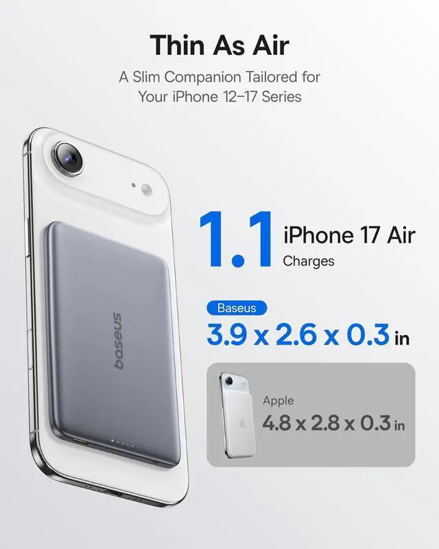 Alt view image 11 of 13 - Power Bank, 0.3" Ultra Slim 5000mAh MagSafe Battery Pack, Update Polished Alloy Magnetic Portable Charger, Wireless Charger with USB-C Cable for iPhone 17 Pro Max/17 Air/16/15/14/13/12