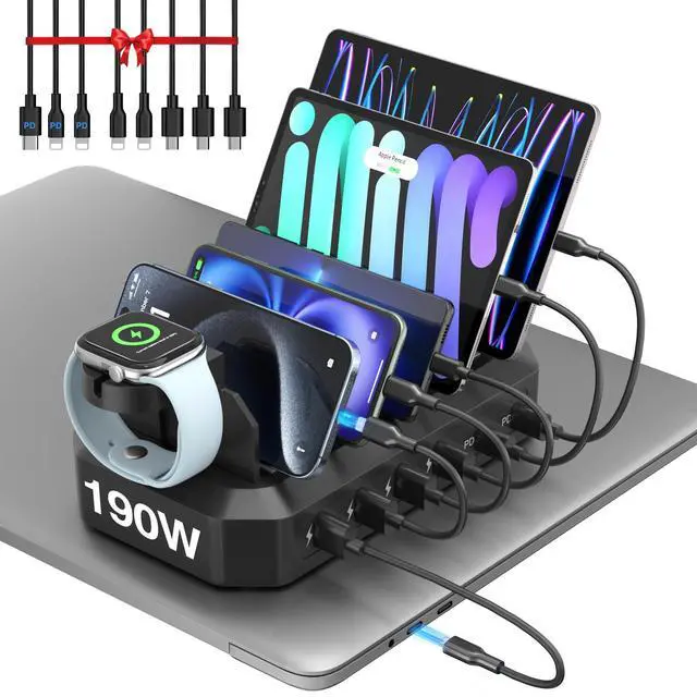 Alt view image 8 of 14 - 190W Fast Charging Station for Multiple DevicesEfficient & Safe Charging 6 Port USB Charger Station - Family Multi-Device Organizer Charging Dock Compatible with iPhone/Android/MacBook/iPad/Tablet