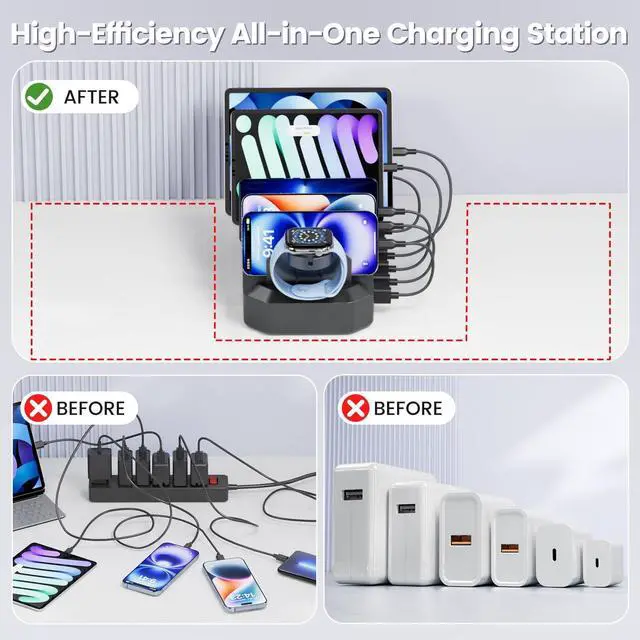 Alt view image 10 of 14 - 190W Fast Charging Station for Multiple DevicesEfficient & Safe Charging 6 Port USB Charger Station - Family Multi-Device Organizer Charging Dock Compatible with iPhone/Android/MacBook/iPad/Tablet