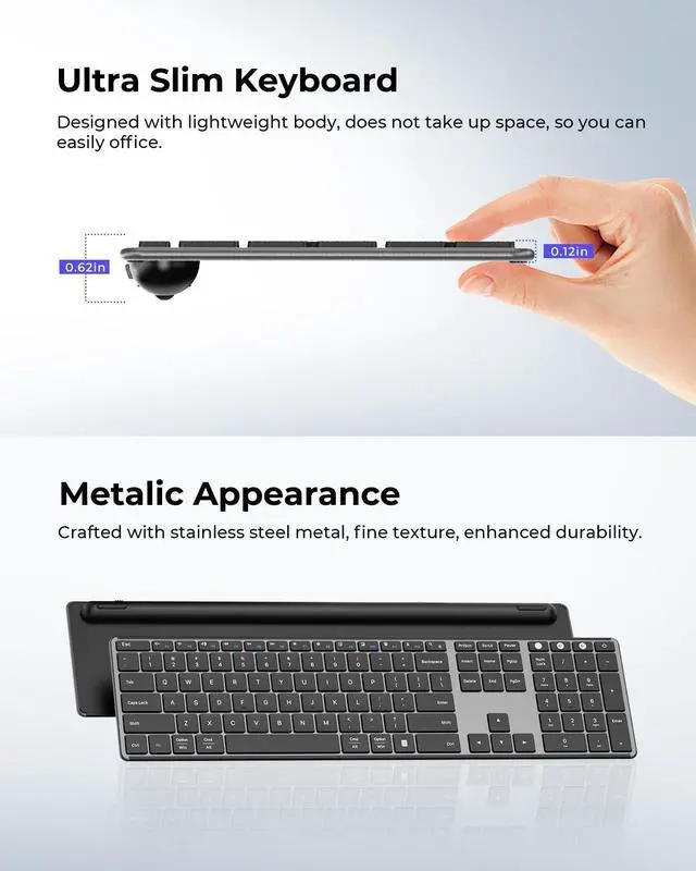 Alt view image 11 of 14 - Wireless Bluetooth Keyboard and Mouse Combo, SKM64-3 Rechargeable Slim Quiet Keyboard Mouse, 3 Multi-Device Connection, Compatible for Windows, Mac, MacBook, iPad, Tablet, Black Gray