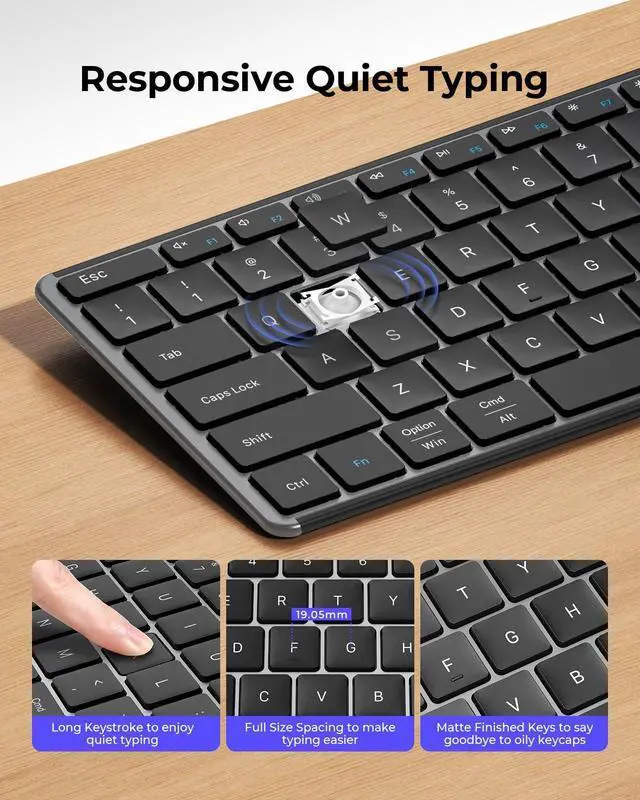 Alt view image 13 of 14 - Wireless Bluetooth Keyboard and Mouse Combo, SKM64-3 Rechargeable Slim Quiet Keyboard Mouse, 3 Multi-Device Connection, Compatible for Windows, Mac, MacBook, iPad, Tablet, Black Gray