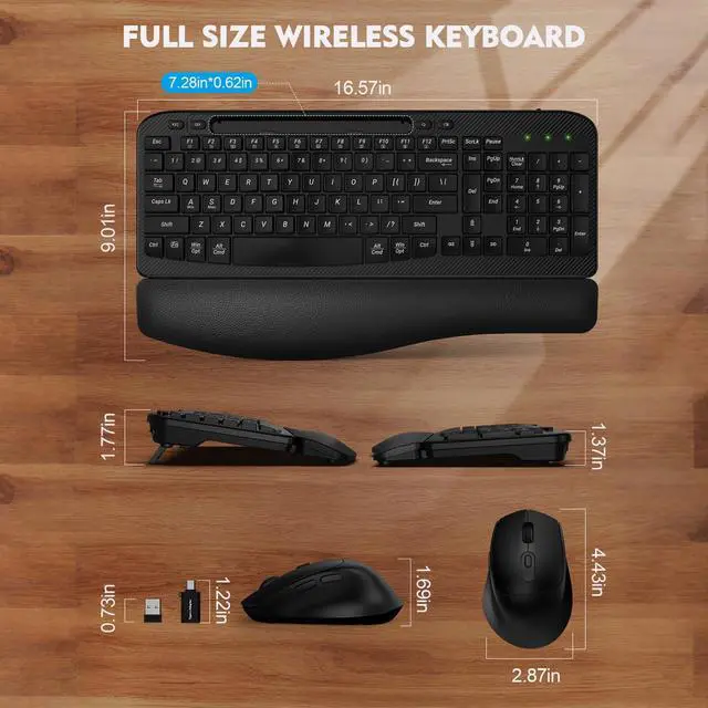 Alt view image 10 of 14 - Wireless Keyboard and Mouse Combo, Wave Keys Full-Sized Ergonomic Keyboard with Cushioned Plam Rest, Phone Holder, Comfortable Natural Typing, 2.4G Cordless Set for Computer, Laptop, PC, Mac, Windows