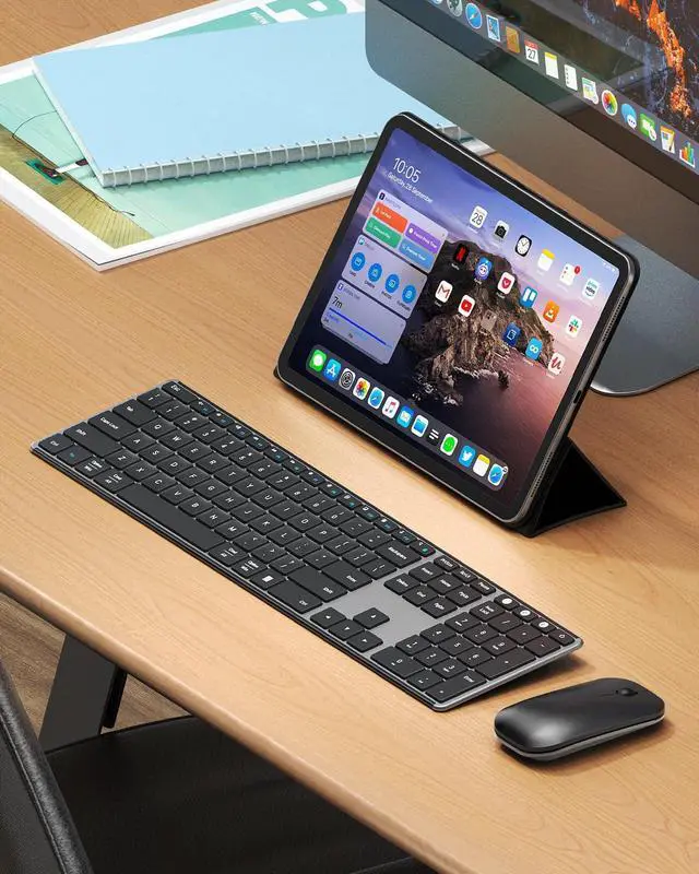 Alt view image 14 of 14 - Wireless Bluetooth Keyboard and Mouse Combo, SKM64-3 Rechargeable Slim Quiet Keyboard Mouse, 3 Multi-Device Connection, Compatible for Windows, Mac, MacBook, iPad, Tablet, Black Gray