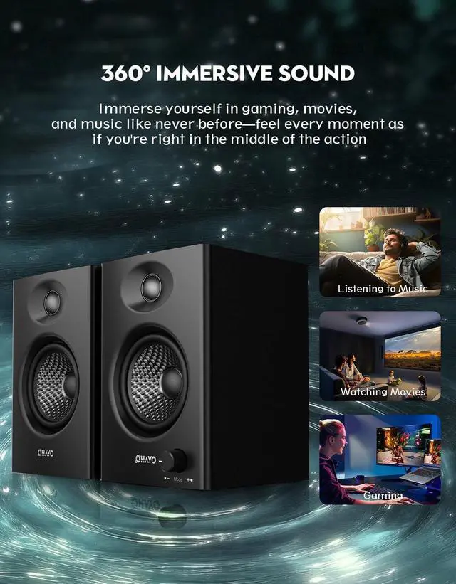 Alt view image 11 of 14 - 60W Computer Speakers for Music and Gaming, Active Bluetooth 5.3, Stereo 2.0 Speakers for Desktop PC or Laptop, 3.5mm Aux RCA USB Input, 1 Pair, Black