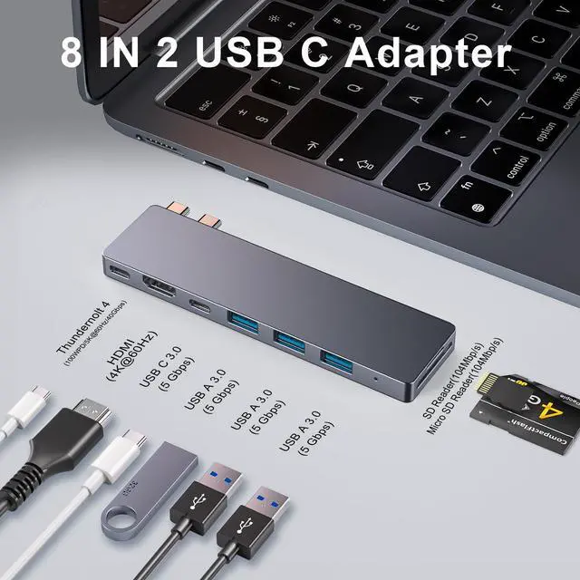 Alt view image 9 of 14 - USB C Hub,8 in 2 USB Adapter for MacBook Pro AirThunderbolt 4 Dock 100W PD, 40Gbps, 4K HDMI, USB C 3.0, 3 USB A 3.0, SD/TF Card Reader, Compatible with MacBook Pro Air M1/M2/M3/M4