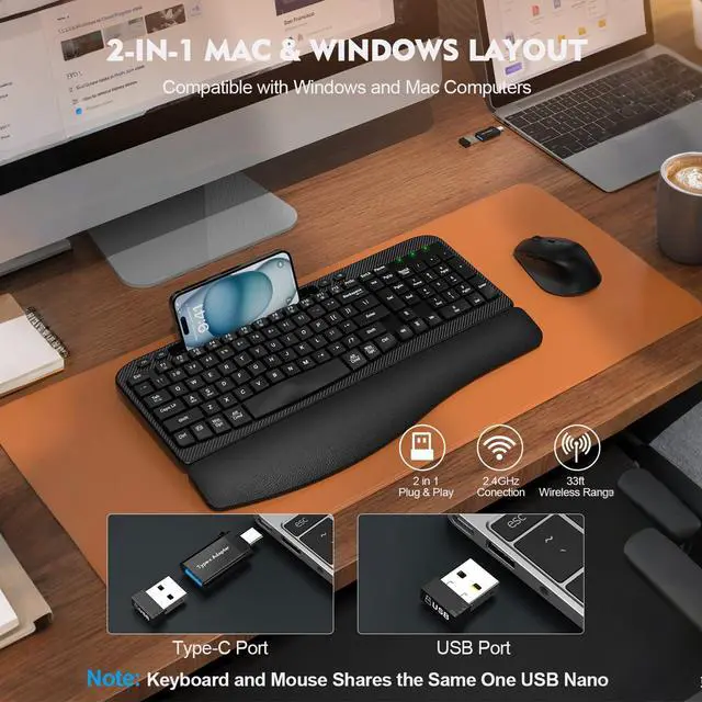 Alt view image 13 of 14 - Wireless Keyboard and Mouse Combo, Wave Keys Full-Sized Ergonomic Keyboard with Cushioned Plam Rest, Phone Holder, Comfortable Natural Typing, 2.4G Cordless Set for Computer, Laptop, PC, Mac, Windows
