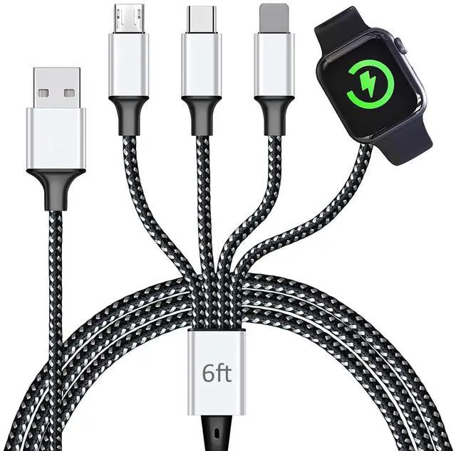 Alt view image 8 of 14 - Multi Charging Cable for Apple Watch Charger (6FT) 4 in 1 Braided Cord for Multiple Devices, USB C/Micro/Multi Charger Compatible with iWatch Series 111, iPhone 17/16/15/14, iPad