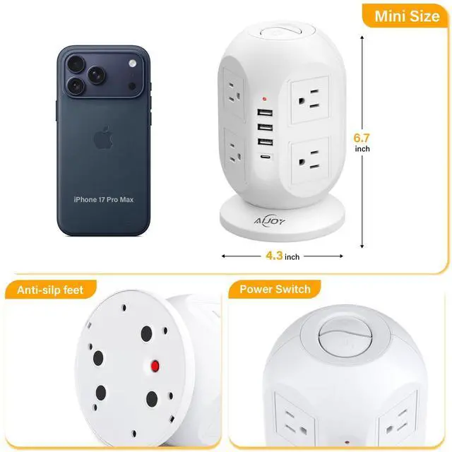 Alt view image 14 of 14 - Surge Protector Power Strip Tower with 8 Outlets 4 USB Ports(1 USB-C), 10 FT Flat Extension Cord with Multiple Outlets, Charging Tower with Surge Protection for Home Office Dorm Room Essentials
