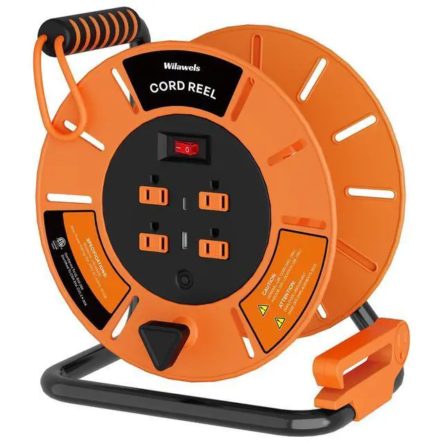 Alt view image 8 of 14 - Extension Cord Storage Reel with 4-Grounded Outlet & 2 USB Port, 15A Circuit Breaker, Heavy Duty Open Cord Reel for 12/3,14/3 Gauge Power Cord, Hand Wind Retractable,ETL Listed Orange G85CR06