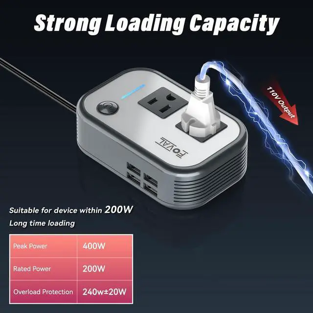 Alt view image 11 of 14 - 200W Car Power Inverter, 12V DC to 110V AC Car Inverte with 4 USB Ports Car Outlet Adapter, Power Inverter for Vehicles, Car Plug Adapter Outlet for Laptop Computer Charger (Gray)