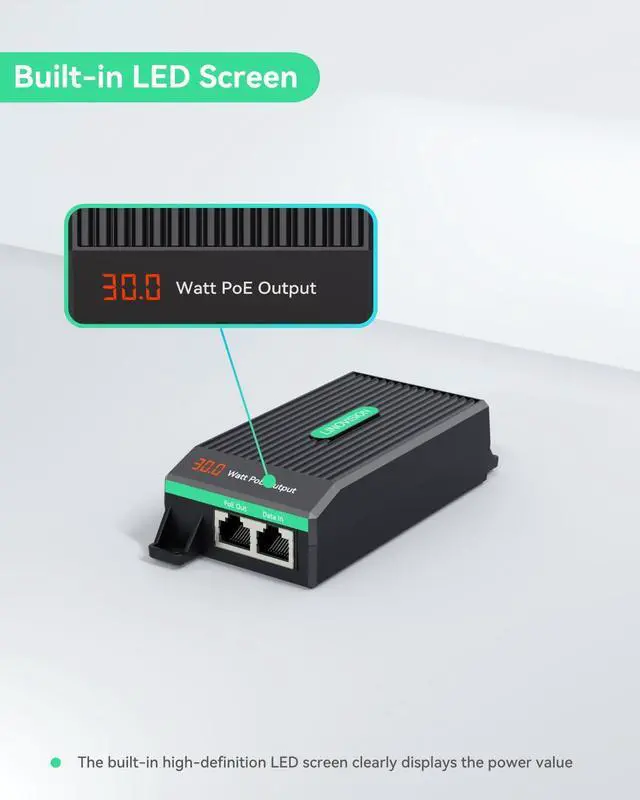 Alt view image 11 of 14 - Gigabit 30W PoE+ Injector with LED Screen to Indicate Power Output, AC100-240V Input, IEEE802.3af/at 30W Power and Data Output for IP Camera, Wireless AP, VoIP Phone, 3-Year Warranty