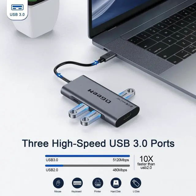 Alt view image 13 of 14 - USB C Hub, QGeeM USB 4k to HDMI Adapter, 7 in 1 USB-C Dongle with 100W PD,USB 3.0, Card Reader, Compatible for MacBook iPhone 15/17 Ipad Pro max,Chromebook Laptop USB Type C Dock-Grey
