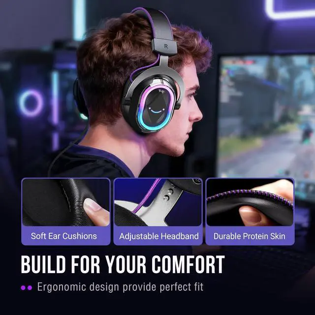 Alt view image 11 of 14 - Wired USB Gaming Headset: 7.1 Surround Sound - Vibrant Customizable RGB - Game/Chat Balance, Gamer Headphone with Noise Canceling Mic for PC, PS5/PS4, Laptop, Mac - AmpliGame H13BP