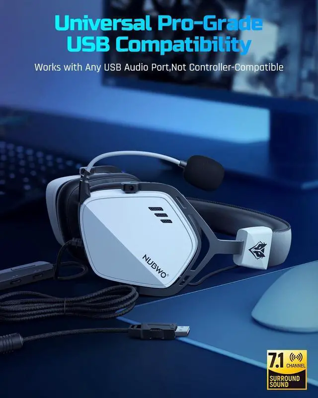 Alt view image 14 of 14 - HG03 Wired USB-A Gaming Headset for PC, Computer Headset with 7.1 Surround Sound, Noise Canceling Mic, 50MM Driver, Wired Headphones for PC, Laptop, Office - White
