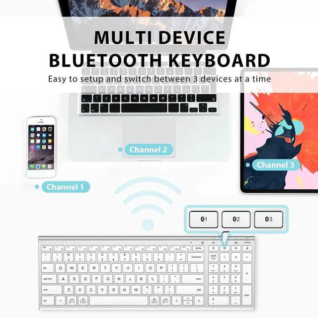 Alt view image 9 of 14 - BK10 Bluetooth Keyboard, Universal Bluetooth 5.1 Wireless Keyboard with Number Pad, Ergonomic Design, Multi-Device Compatibility, Stable Connection for Mac, iPad, iPhone, Android, Windows