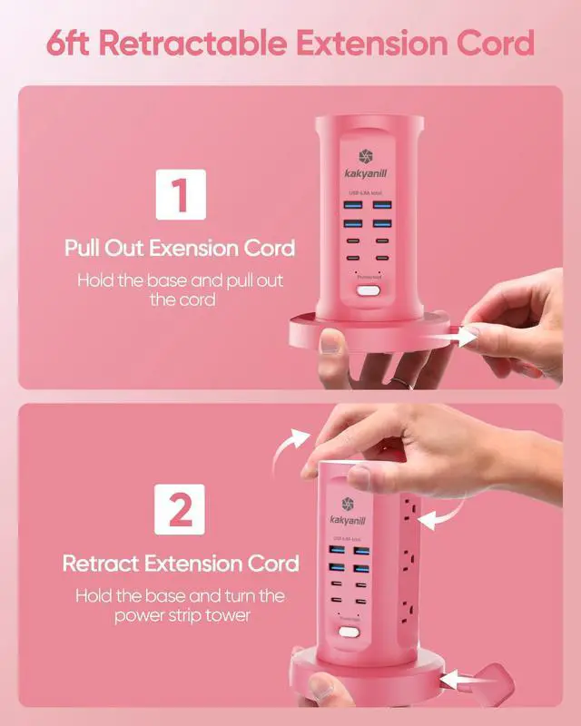 Alt view image 9 of 14 - Power Strip Tower, Surge Protector Tower 9 AC Outlets 8 USB (4 USB C), 6 Ft Retractable Extension Cord, Charging Station for Office Dorm Room, Pink