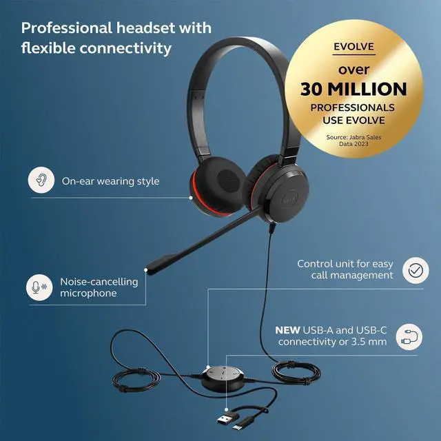 Alt view image 9 of 14 - Evolve 30 II Wired Dual-Ear Headset with Mic for Work - 3.5mm Jack or USB-A/USB-C Connectivity, Computer Headset with Noise-Cancelling Microphone, Microsoft Teams Certified, Call Control Black