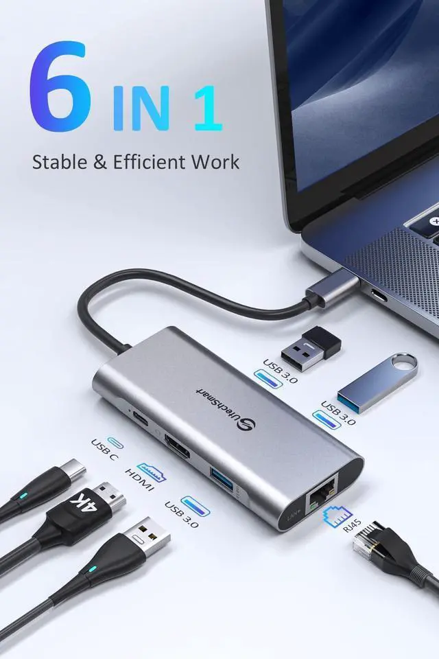 Alt view image 10 of 14 - USB C Hub, USB C Ethernet Multiport Adapter, 6 In 1 USB C to HDMI Dock Compatible for Macbook Pro/Air, Chromebook, Dell XPS, HP and Type C Devices (Gigabit Ethernet 100W PD 4K HDMI USB 3.0)