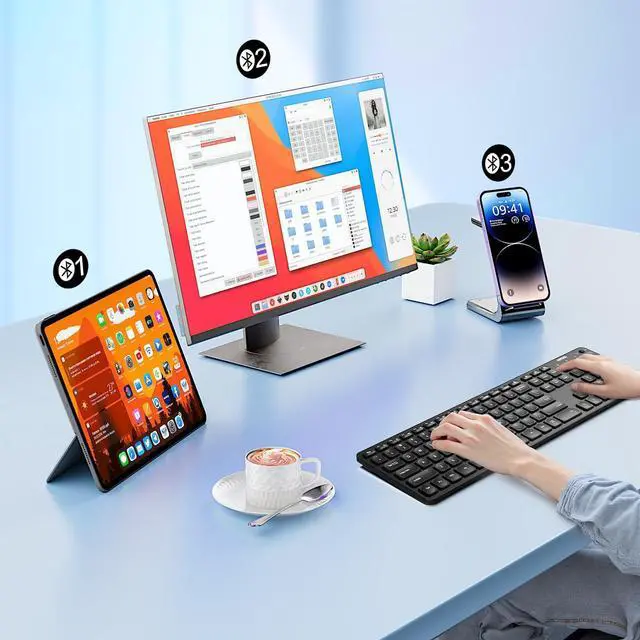 Alt view image 14 of 14 - Universal Backlit 7-Colors & Adjustable Brightness Multi-Device Full Size Wireless Bluetooth Keyboard for Windows, iOS, iPad OS, Android, Computer Desktop Laptop Surface Tablet Smartphone
