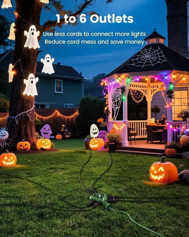 Alt view image 9 of 14 - Outdoor Extension Cord with Multiple Outlets, 6-Outlet Power Hub, 25FT 16/3 AWG SJTW Heavy-Duty Cord, 13A Circuit Breaker, for Holiday Decorations and Landscaping Lights, ETL Listed, Green