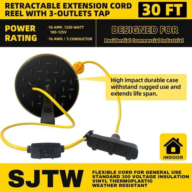 Alt view image 9 of 14 - 30 Ft Retractable Extension Cord Reel with 3 Electrical Power Outlets - 16/3 SJTW Power Cord,10 AMP Circuit Breaker - Ceiling or Wall Mount for Garage,UL Listed,Yellow