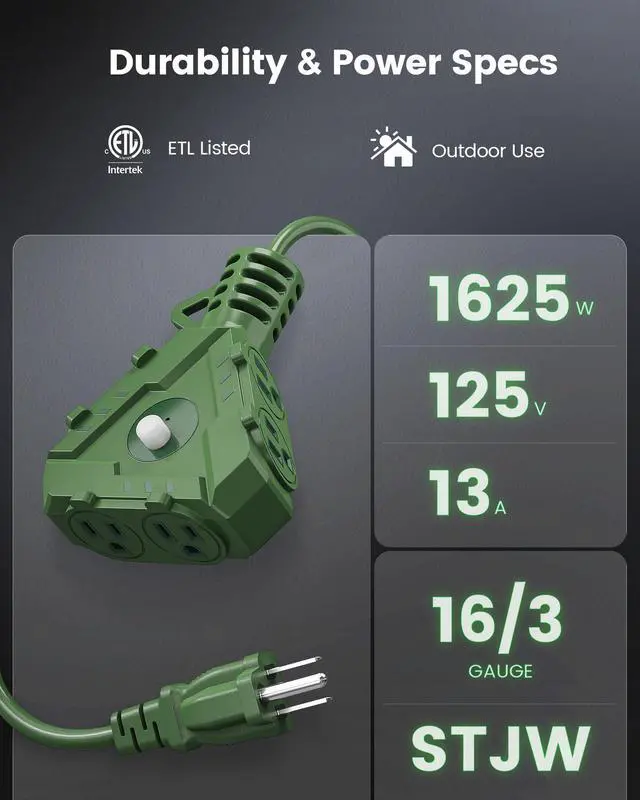 Alt view image 13 of 14 - Outdoor Extension Cord with Multiple Outlets, 6-Outlet Power Hub, 25FT 16/3 AWG SJTW Heavy-Duty Cord, 13A Circuit Breaker, for Holiday Decorations and Landscaping Lights, ETL Listed, Green