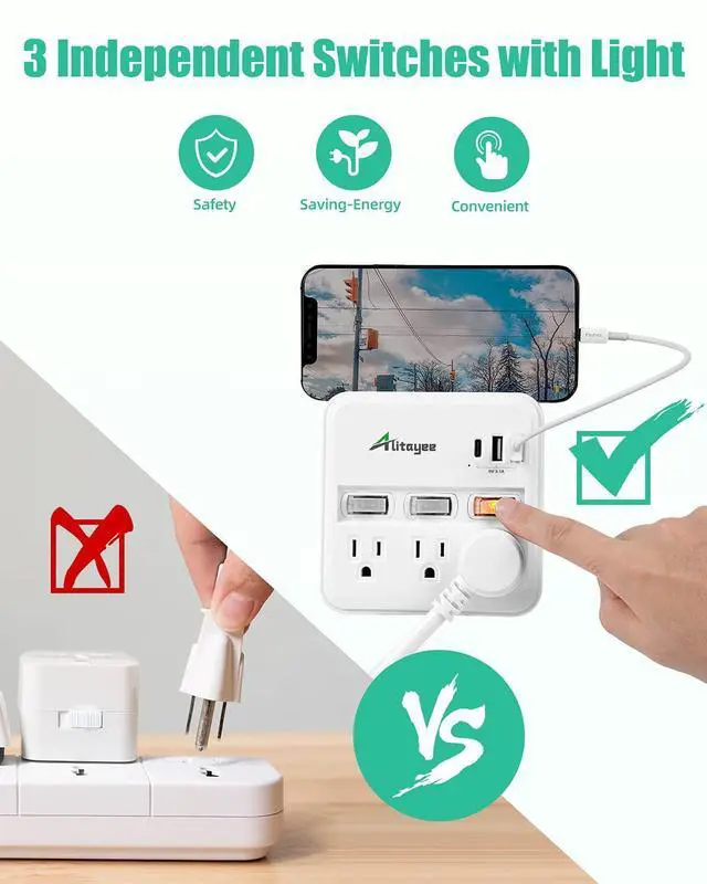 Alt view image 12 of 14 - Wall Outlet Extender Surge Protector, USB Power Strips with Individual Switches and 15.5W Type-C Fast Charging Ports for Cell Phone,Home,Office,Dorm ETL Listed White