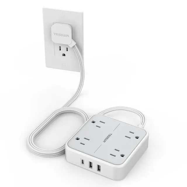 Alt view image 8 of 14 - Surge Protector Flat Extension Cord 5Ft, Flat Plug Power Strip with 4 Outlets 3 USB Ports (1 USB C), 900 Joules Protection, Multiple Wall Outlet Extender Suitable for Home Office Dorm, Grey
