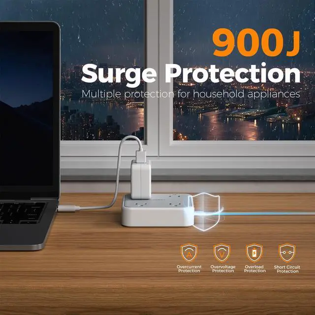 Alt view image 9 of 14 - Surge Protector Flat Extension Cord 5Ft, Flat Plug Power Strip with 4 Outlets 3 USB Ports (1 USB C), 900 Joules Protection, Multiple Wall Outlet Extender Suitable for Home Office Dorm, Grey