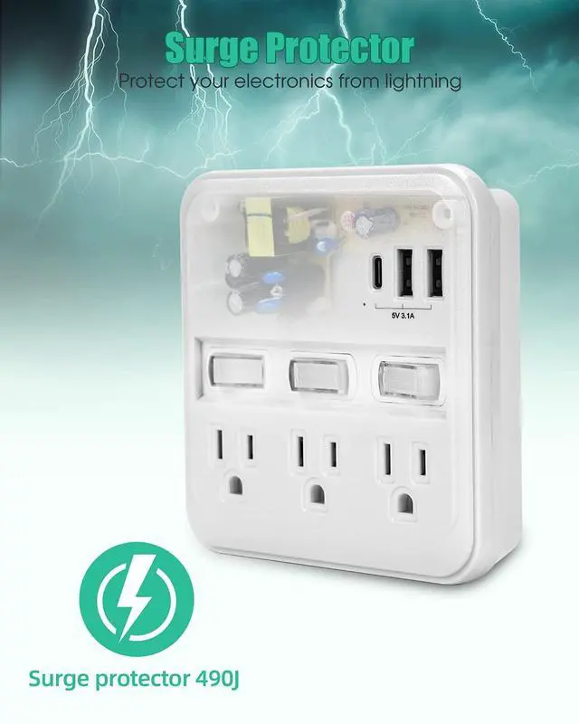 Alt view image 11 of 14 - Wall Outlet Extender Surge Protector, USB Power Strips with Individual Switches and 15.5W Type-C Fast Charging Ports for Cell Phone,Home,Office,Dorm ETL Listed White