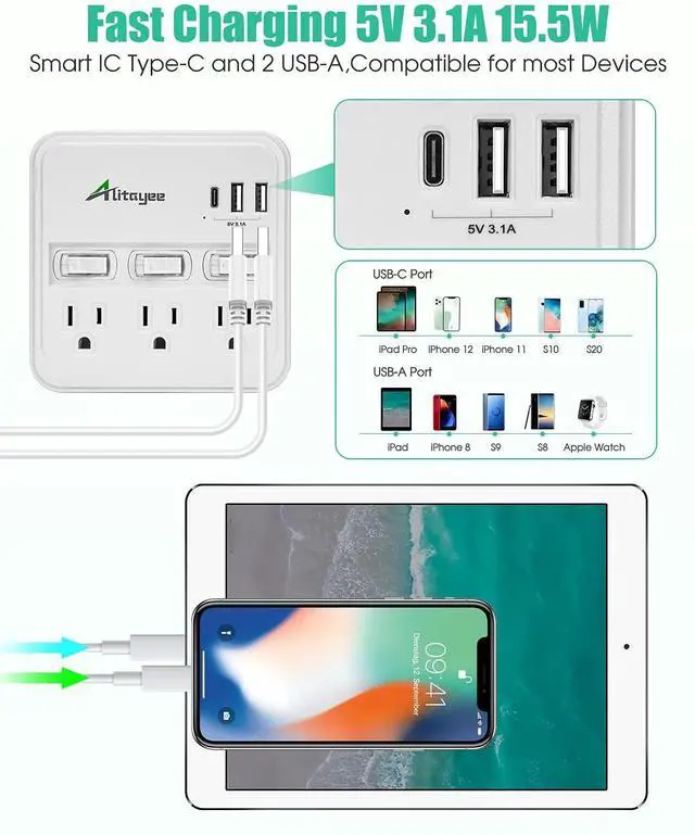 Alt view image 9 of 14 - Wall Outlet Extender Surge Protector, USB Power Strips with Individual Switches and 15.5W Type-C Fast Charging Ports for Cell Phone,Home,Office,Dorm ETL Listed White