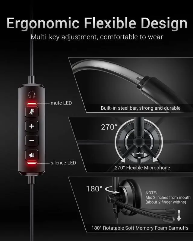 Alt view image 10 of 12 - EH05-U Wired USB Headset with Noise Cancelling Microphone for PC Laptop - Headphones with In-Line Control, Lightweight, Enhanced Sound & MIC Mute